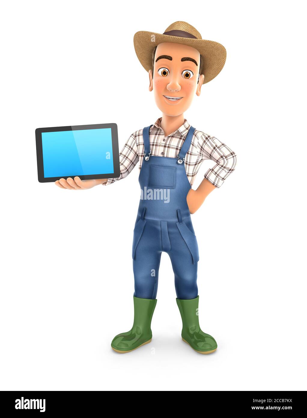 3d farmer standing with a tablet, illustration with isolated white background Stock Photo
