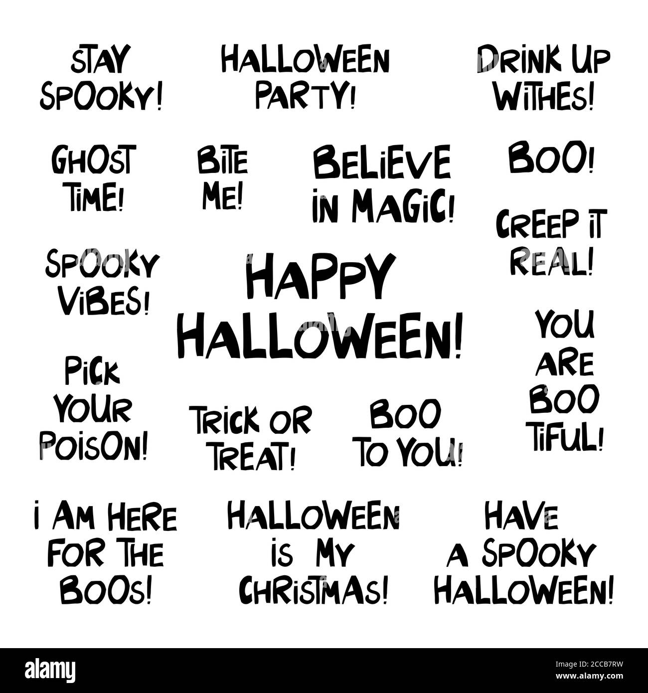 Set of halloween quotes. Cute hand drawn lettering in modern scandinavian style. Isolated on white background. Vector stock illustration. Stock Vector