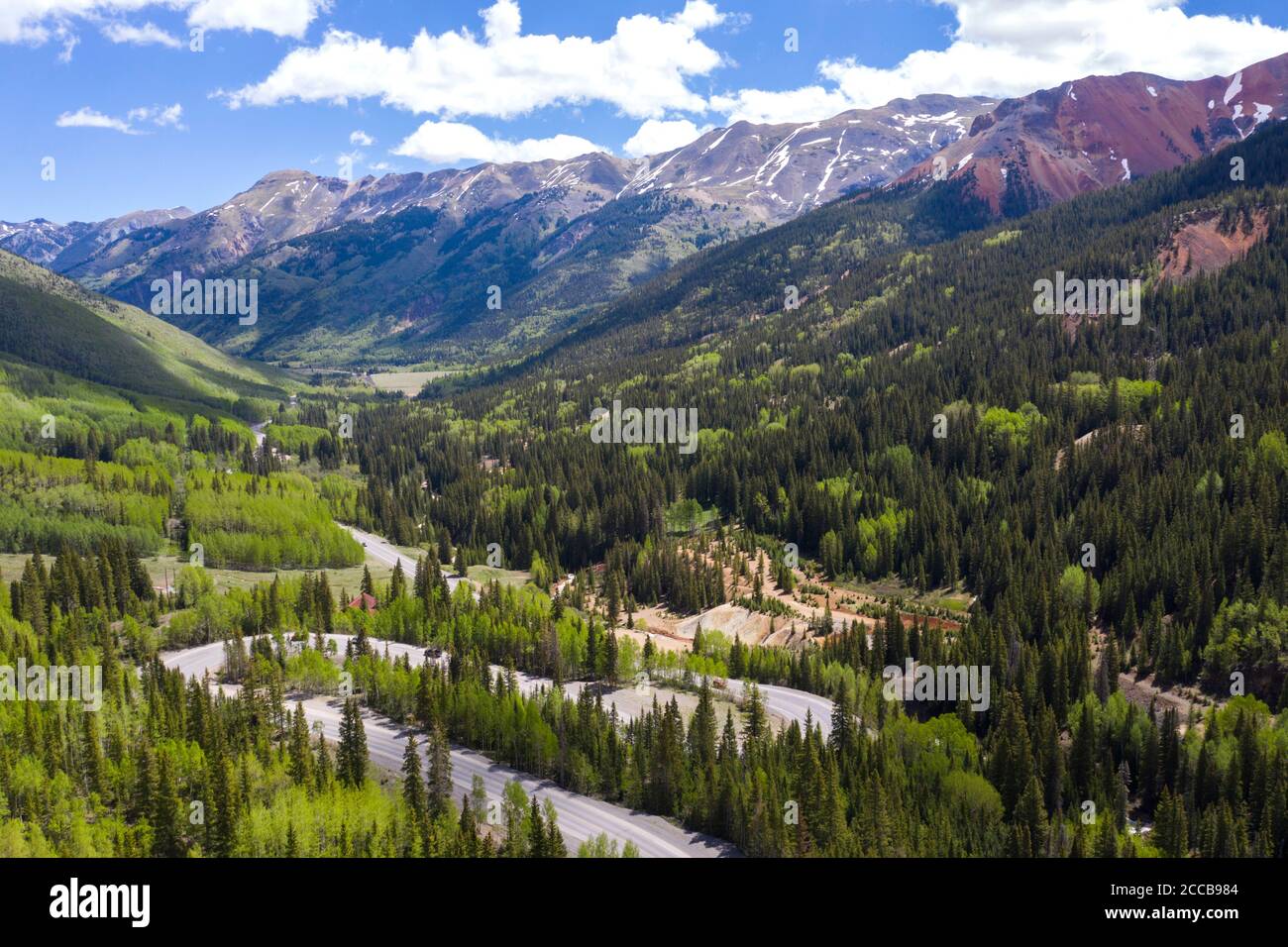 Aerial views above Red Mountain Pass along the Million Dollar Highway in the San Juan Mountains of Colorado Stock Photo