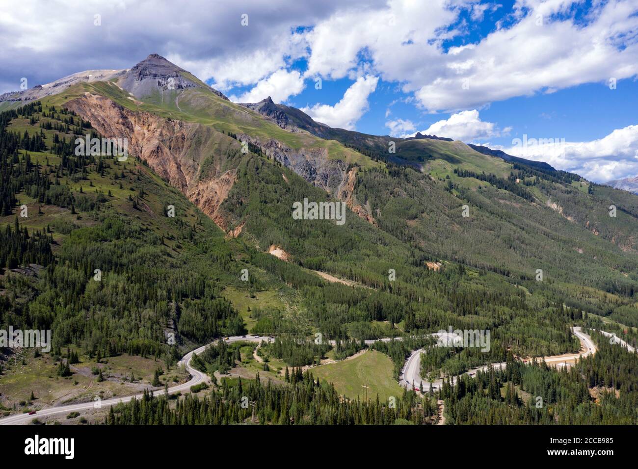 Aerial views above Red Mountain Pass along the Million Dollar Highway in the San Juan Mountains of Colorado Stock Photo