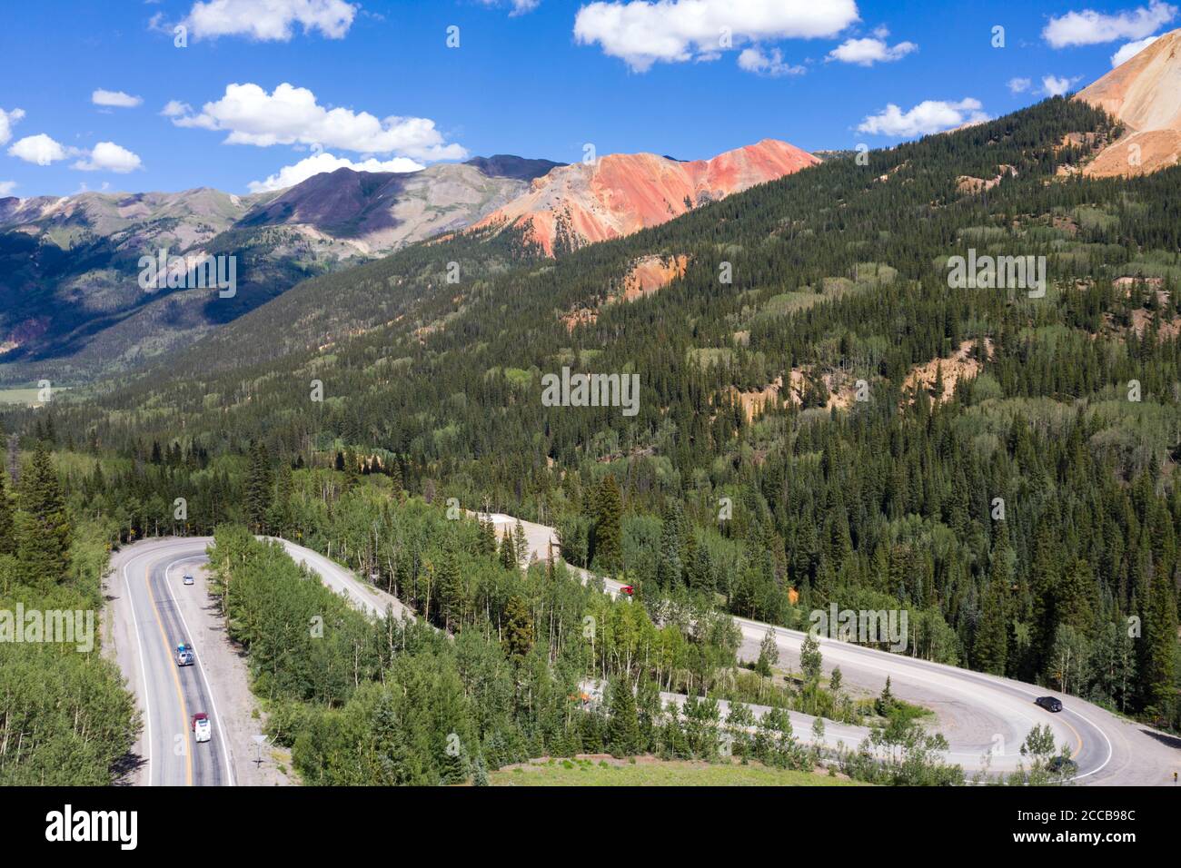 Aerial views above Red Mountain Pass along the Million Dollar Highway in the San Juan Mountains of Colorado Stock Photo