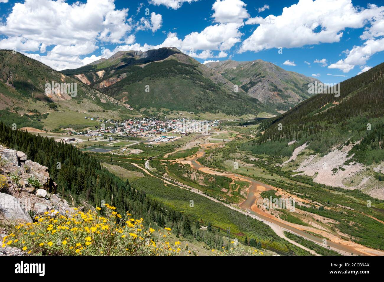 Veiw above Silverton from the Million Dollar Highway in the Rocky Mountains of Colorado Stock Photo