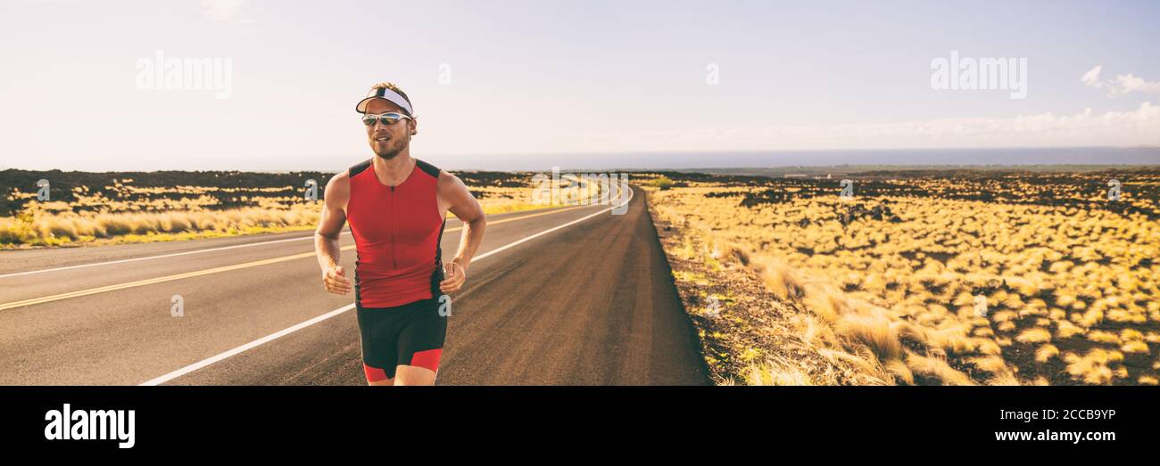 Running man training for triathlon sport run race in Hawaii. Banner