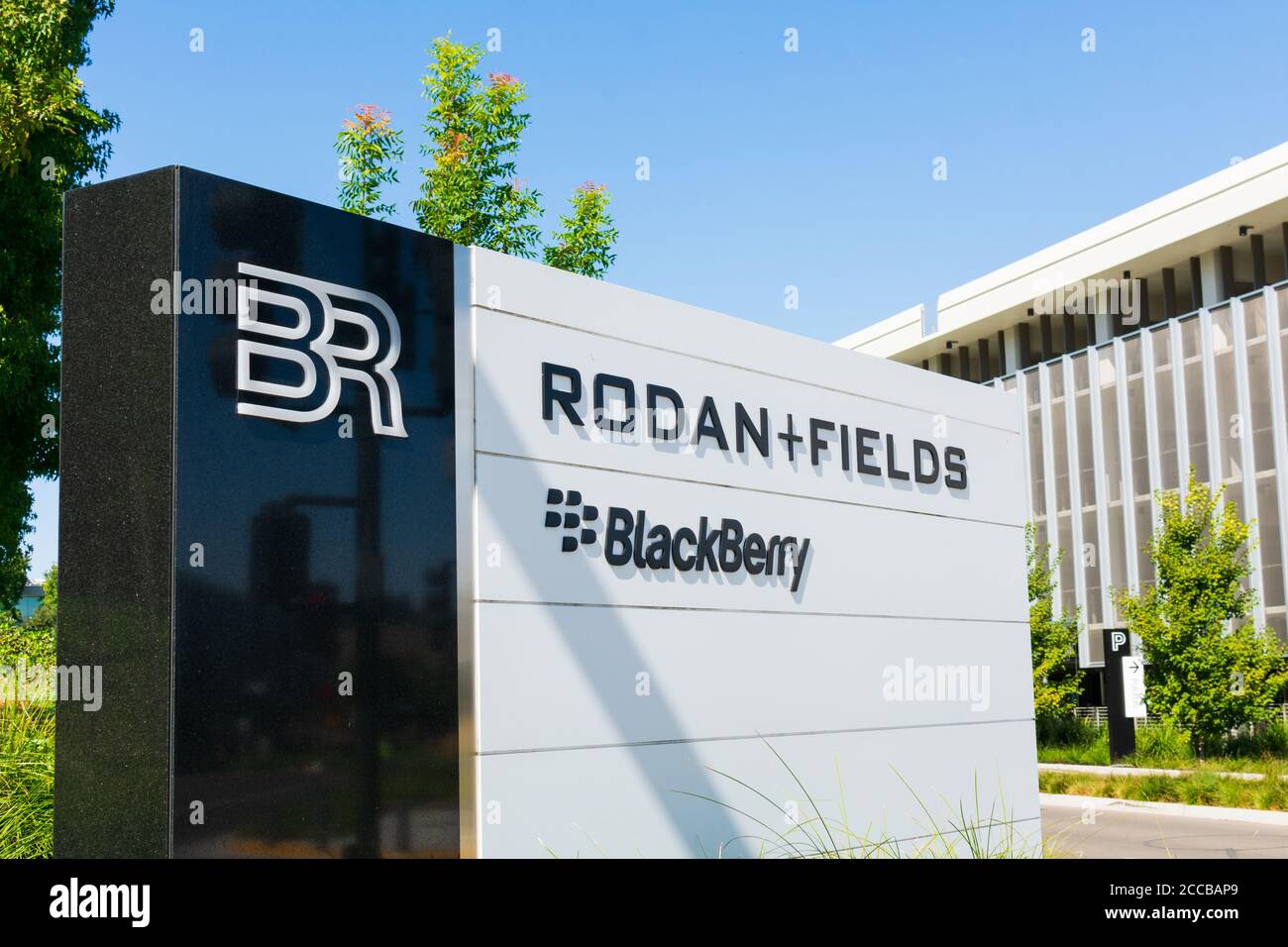 Rodan Fields multi-level marketing and Blackberry software companies signpost at Bishop Ranch business park - San Ramon, CA, USA - October 2019 Stock Photo