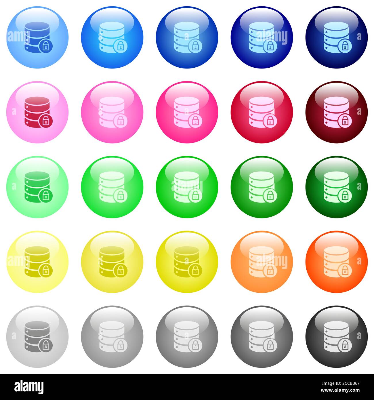 Database lock icons in set of 25 color glossy spherical buttons Stock ...