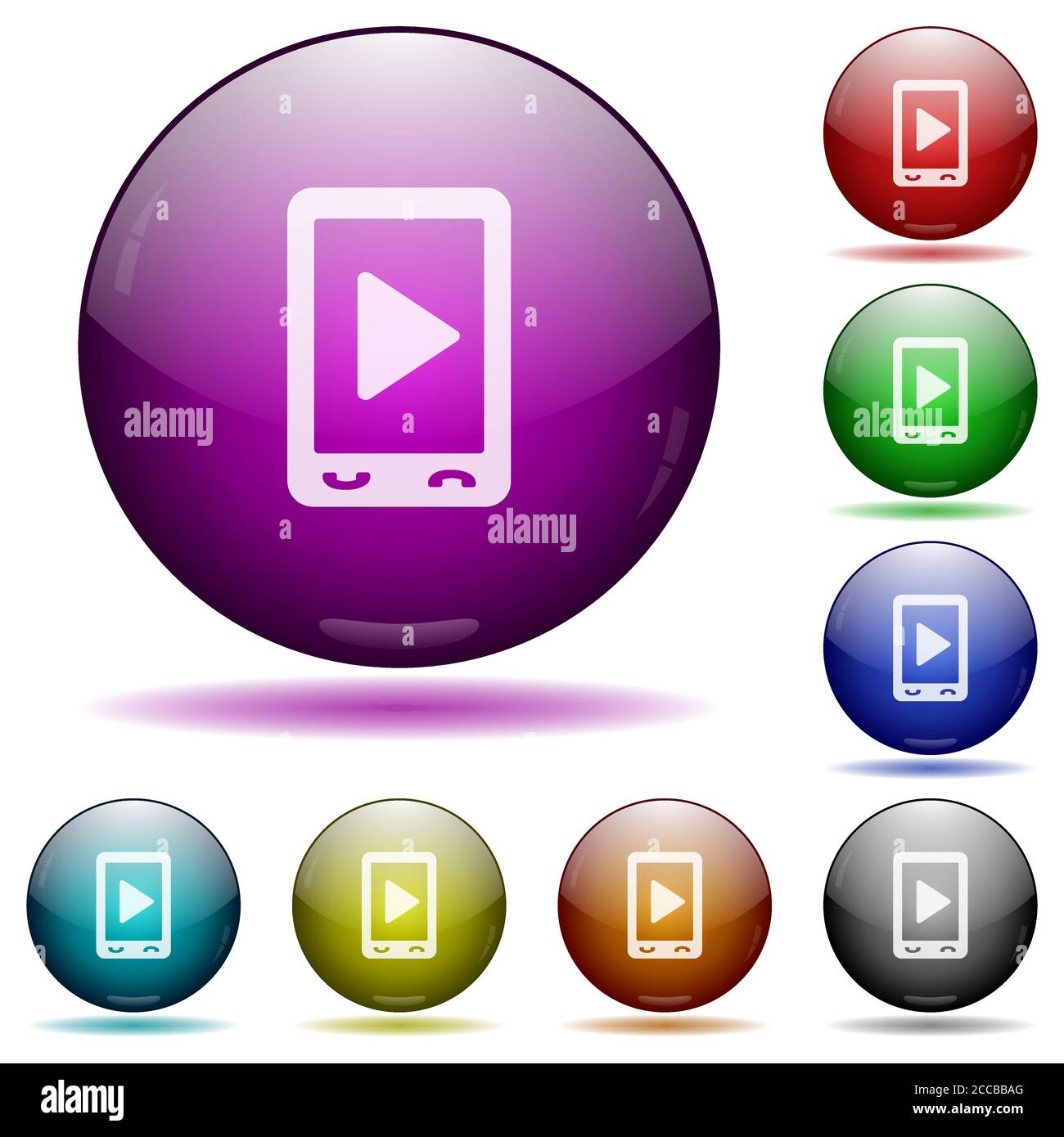 Mobile play media icons in color glass sphere buttons with shadows ...