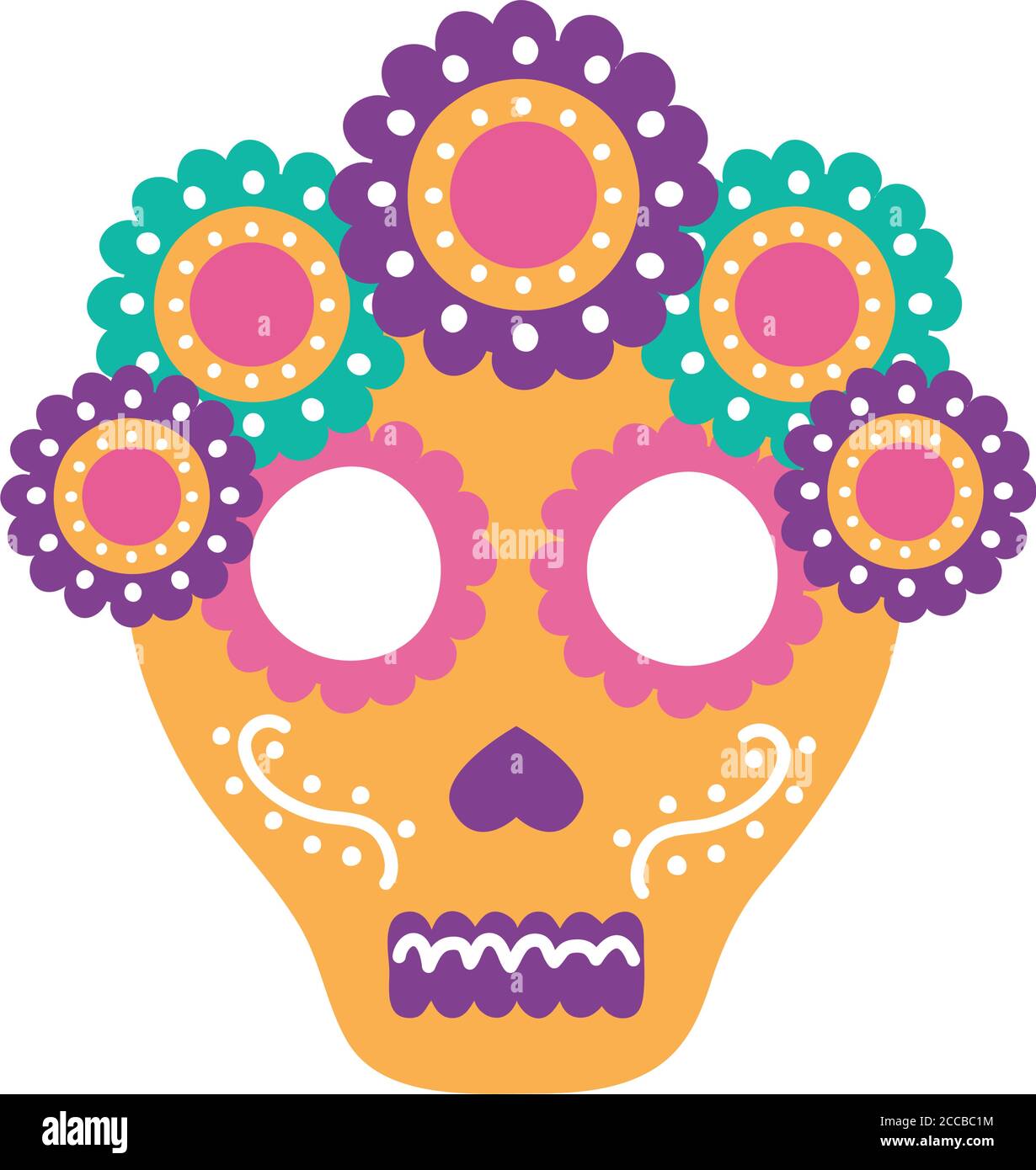 traditional mexican skull head with flowers flat style icon vector ...