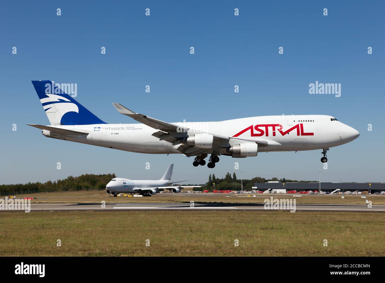 An Astral Aviation (Air Atlanta Icelandic) Boeing 747-400 BDSF (passenger to freighter converted) about to touch the ground at Liege Bierset airport. Stock Photo