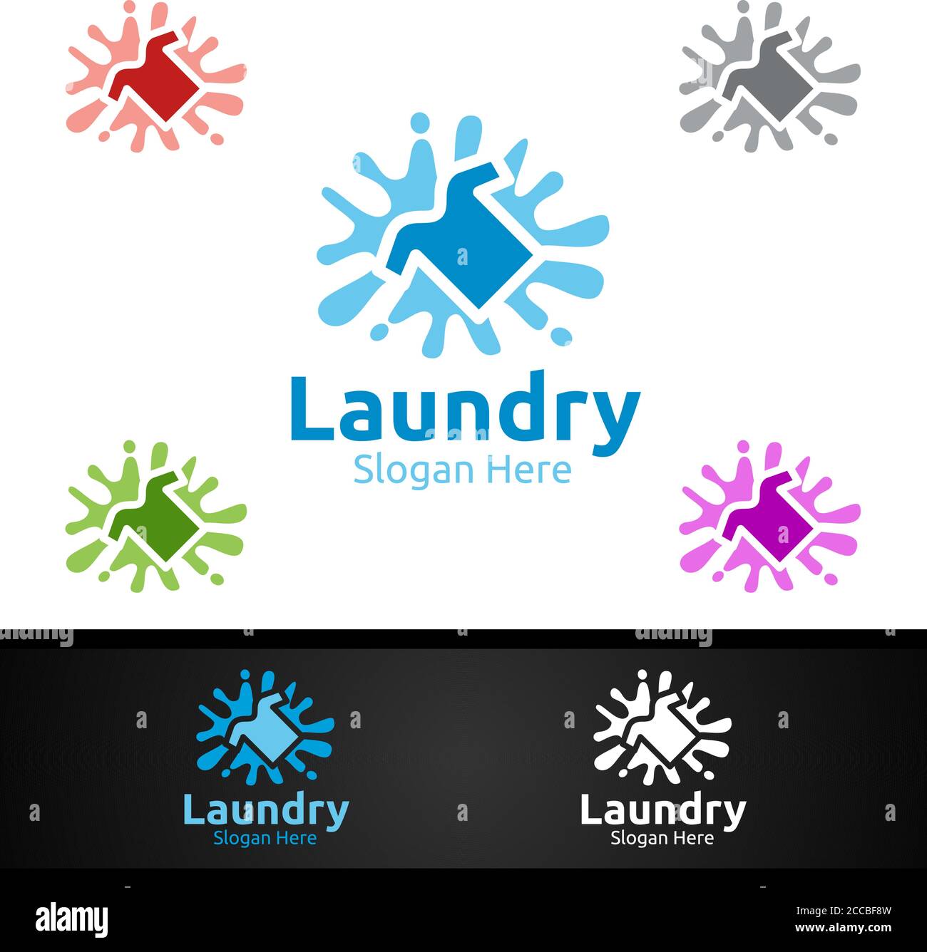 Splash Laundry Dry Cleaners Logo with Clothes, Water and Washing Concept Design Stock Vector