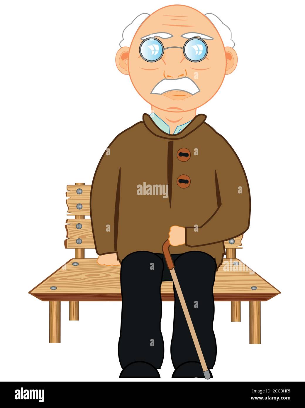 Grandparent sitting on bench with walking stick Stock Vector