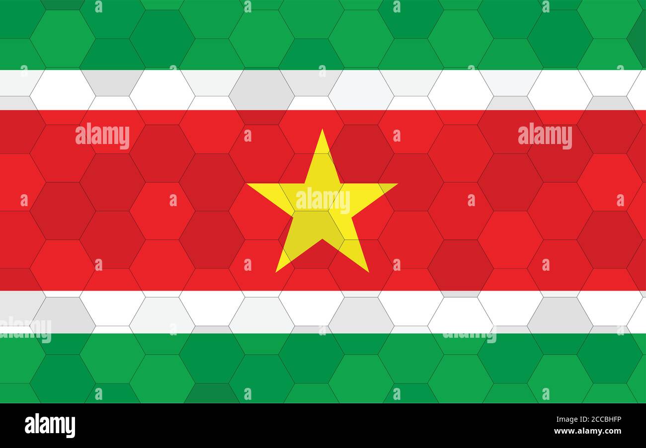 Suriname flag illustration. Futuristic Surinamese flag graphic with abstract hexagon background vector. Suriname national flag symbolizes independence Stock Vector