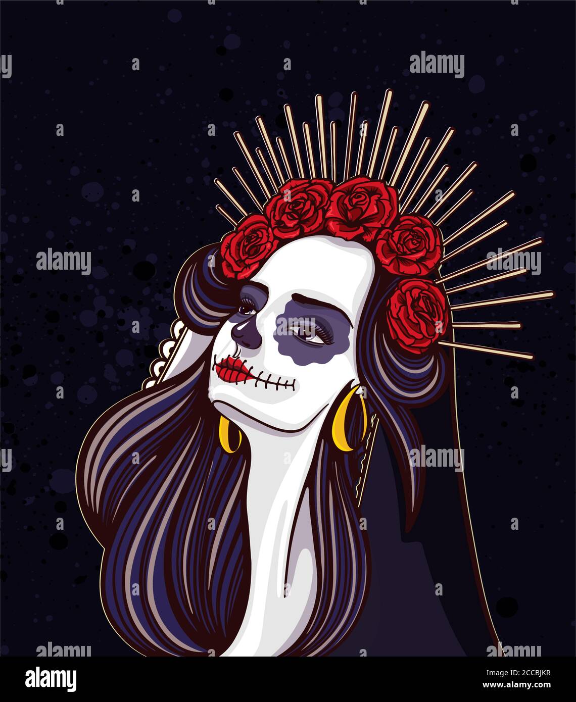 Dia de los muertos. Girl with makeup - sugar skull with rose flowers. Lettering Dia de los muertos. Stock Vector