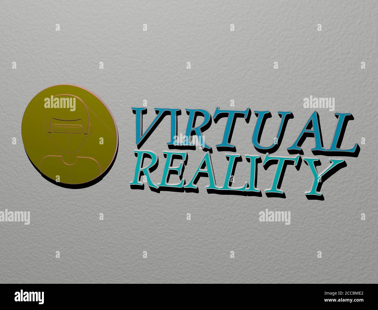3D representation of VIRTUAL REALITY with icon on the wall and text arranged by metallic cubic letters on a mirror floor for concept meaning and slideshow presentation, 3D illustration Stock Photo