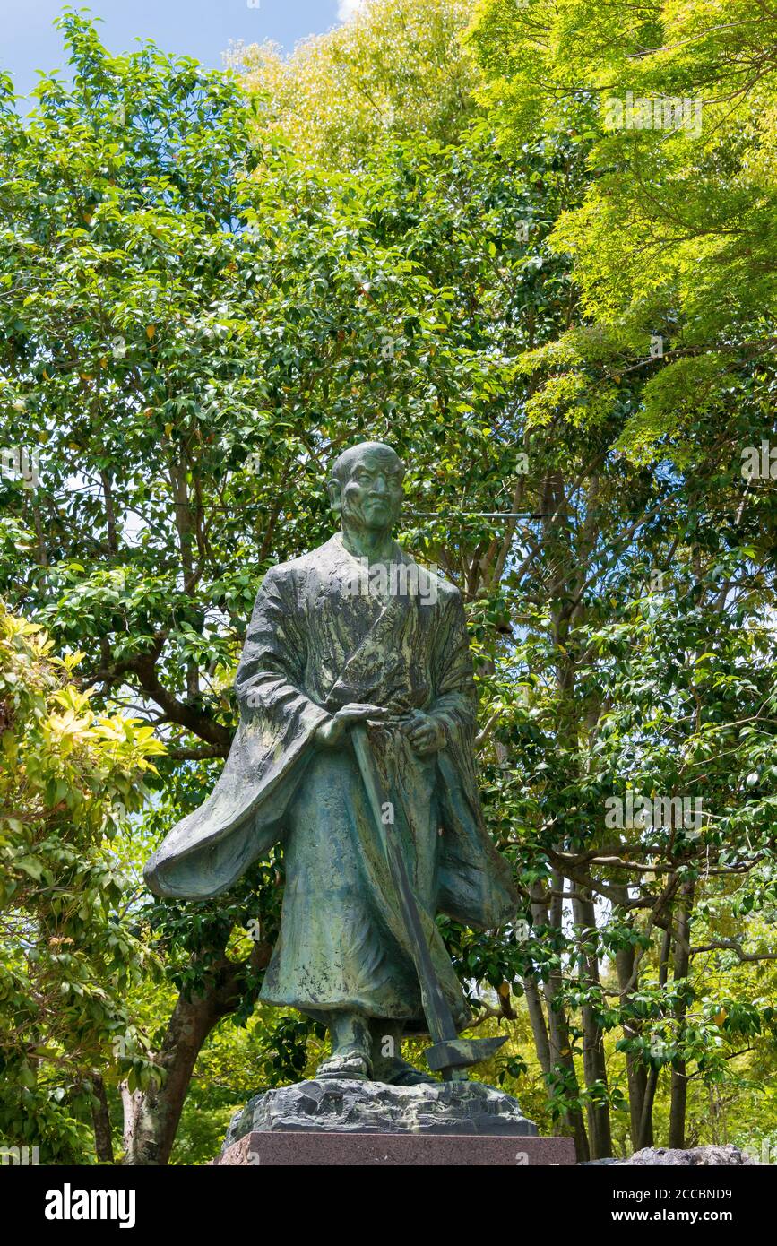 Kyoto, Japan - Suminokura Ryoi Statue at  Arashiyama Park in Kyoto, Japan. Suminokura Ryoi (1554-1614) was a merchant and shipper of Edo period Kyoto. Stock Photo