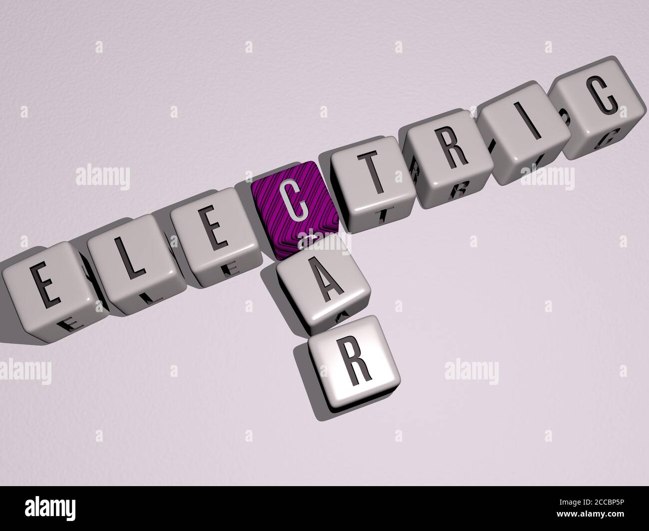 electric car crossword by cubic dice letters, 3D illustration Stock