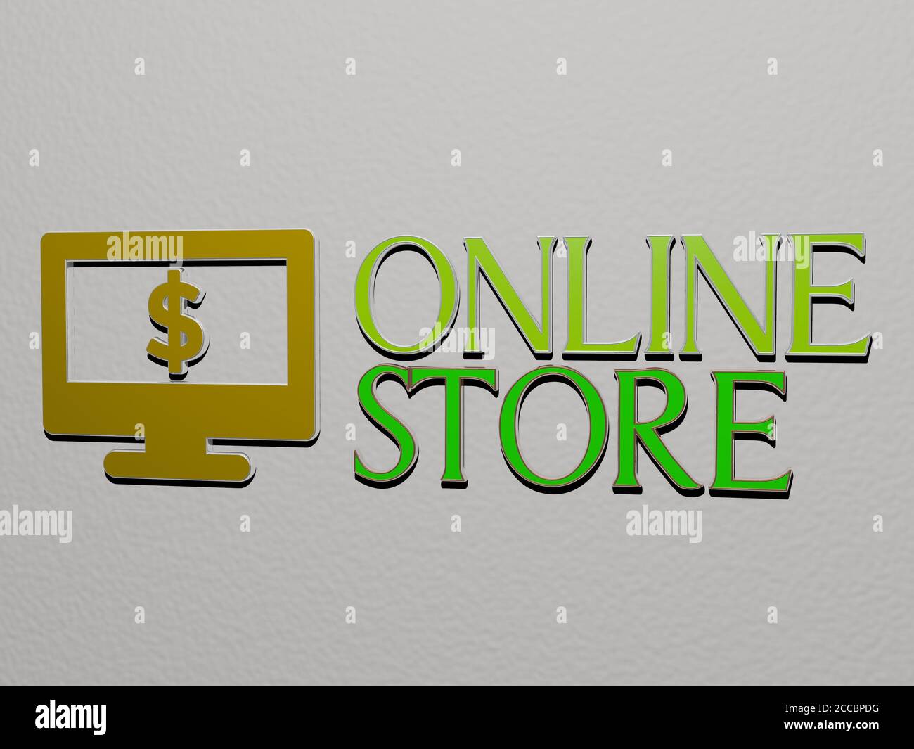 3D representation of online store with icon on the wall and text arranged by metallic cubic letters on a mirror floor for concept meaning and slideshow presentation, 3D illustration Stock Photo