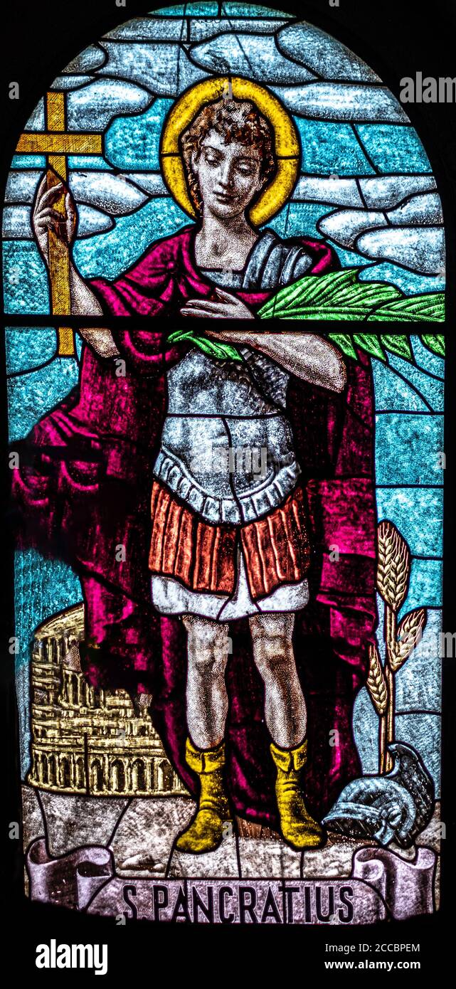 coloured stained glass of Saint Pancratius Stock Photo