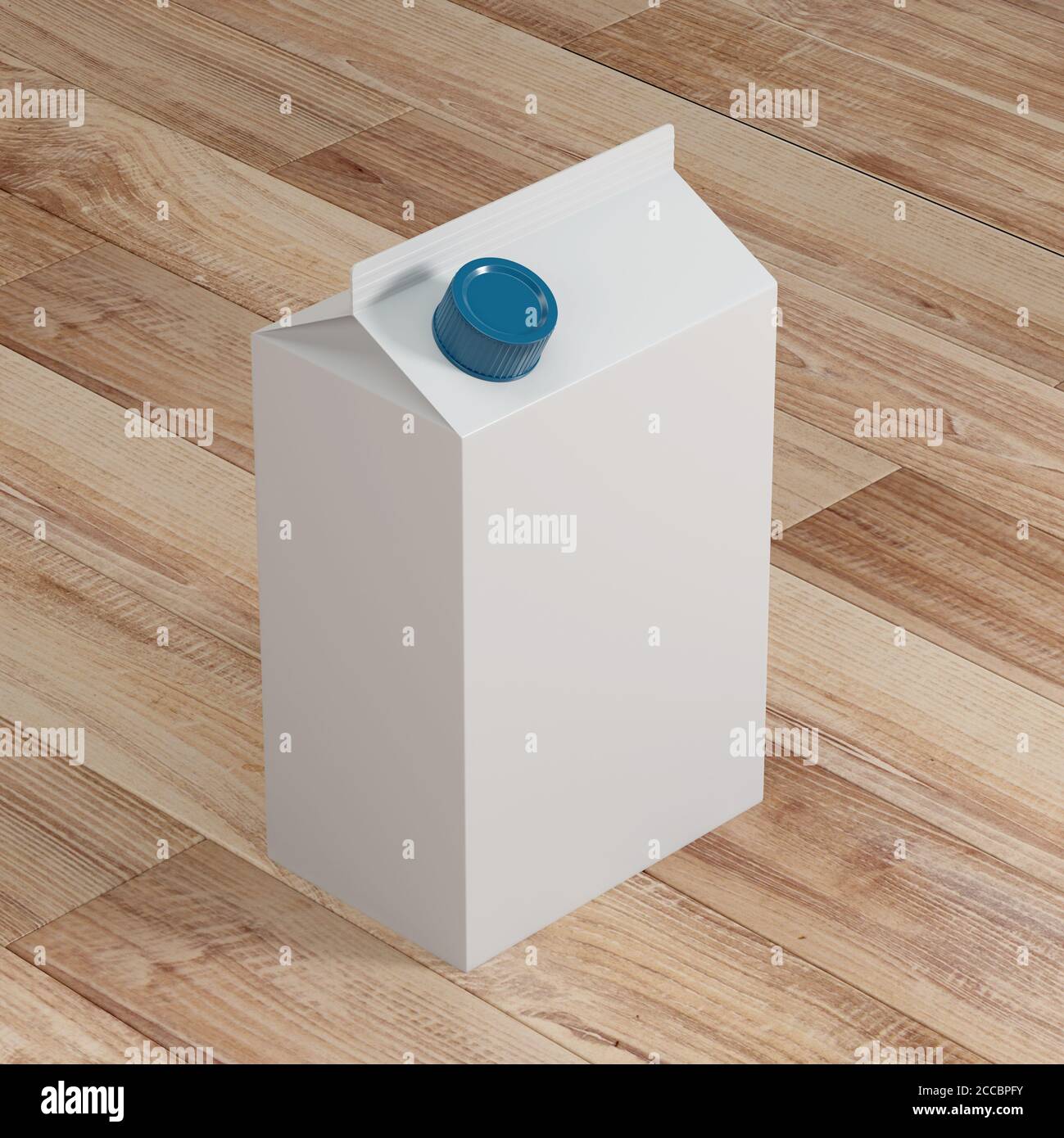 3d render illustration of a milk or juice package mockup on wooden background. Perspective view Stock Photo