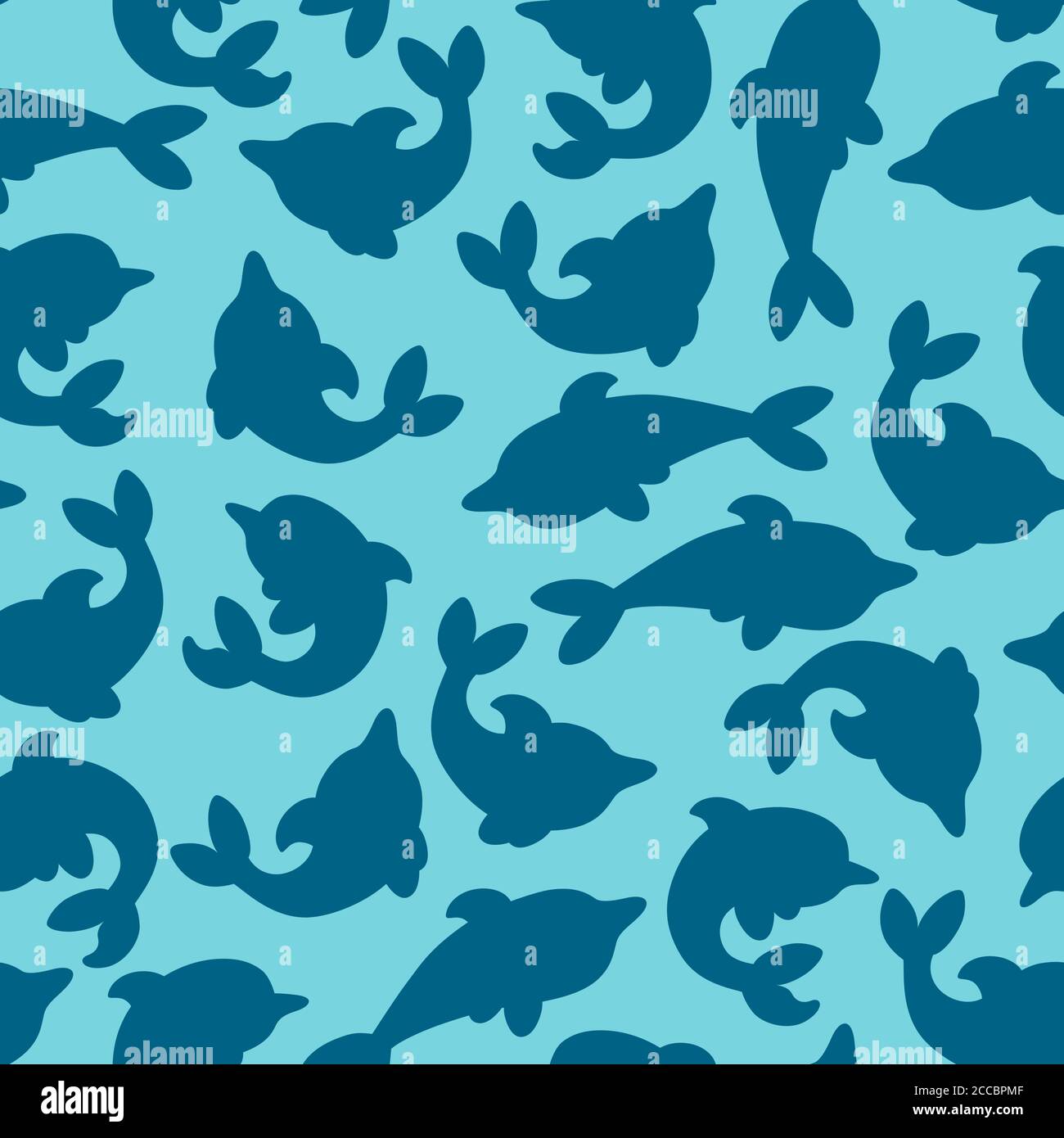 Seamless pattern with silhouettes of dolphins in light blue background ...