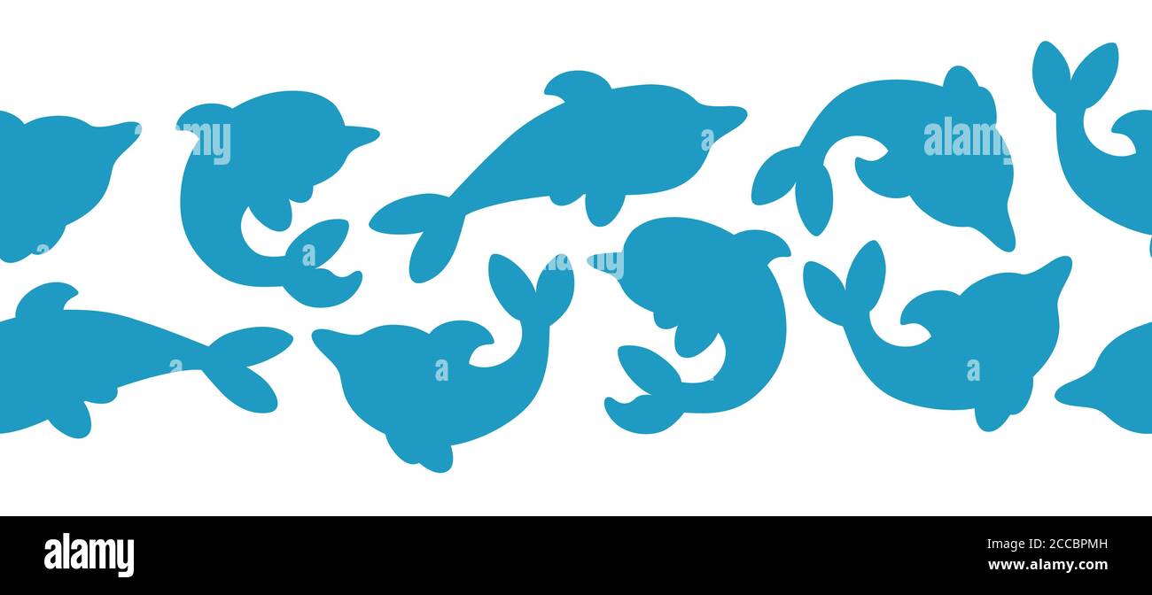 Horizontal seamless pattern with silhouettes of dolphins in white ...