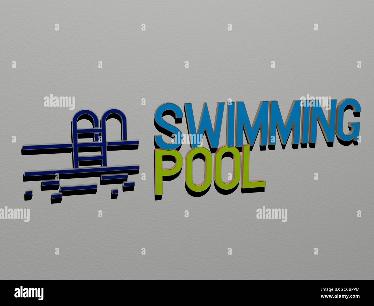 3D representation of swimming pool with icon on the wall and text ...