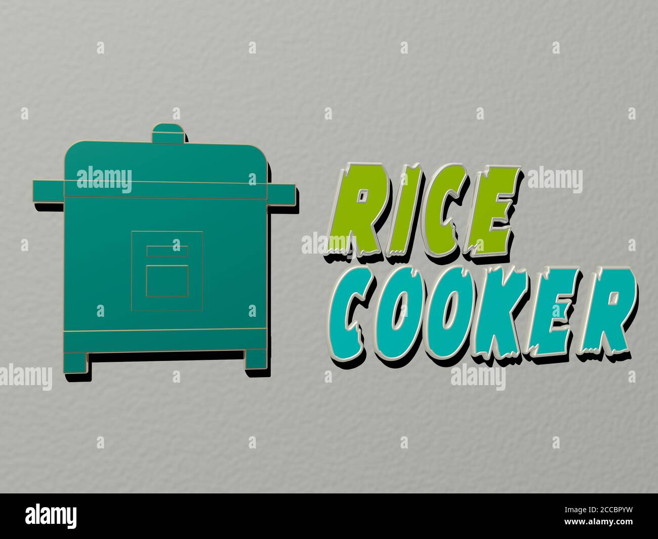 3D graphical image of rice cooker vertically along with text built by ...
