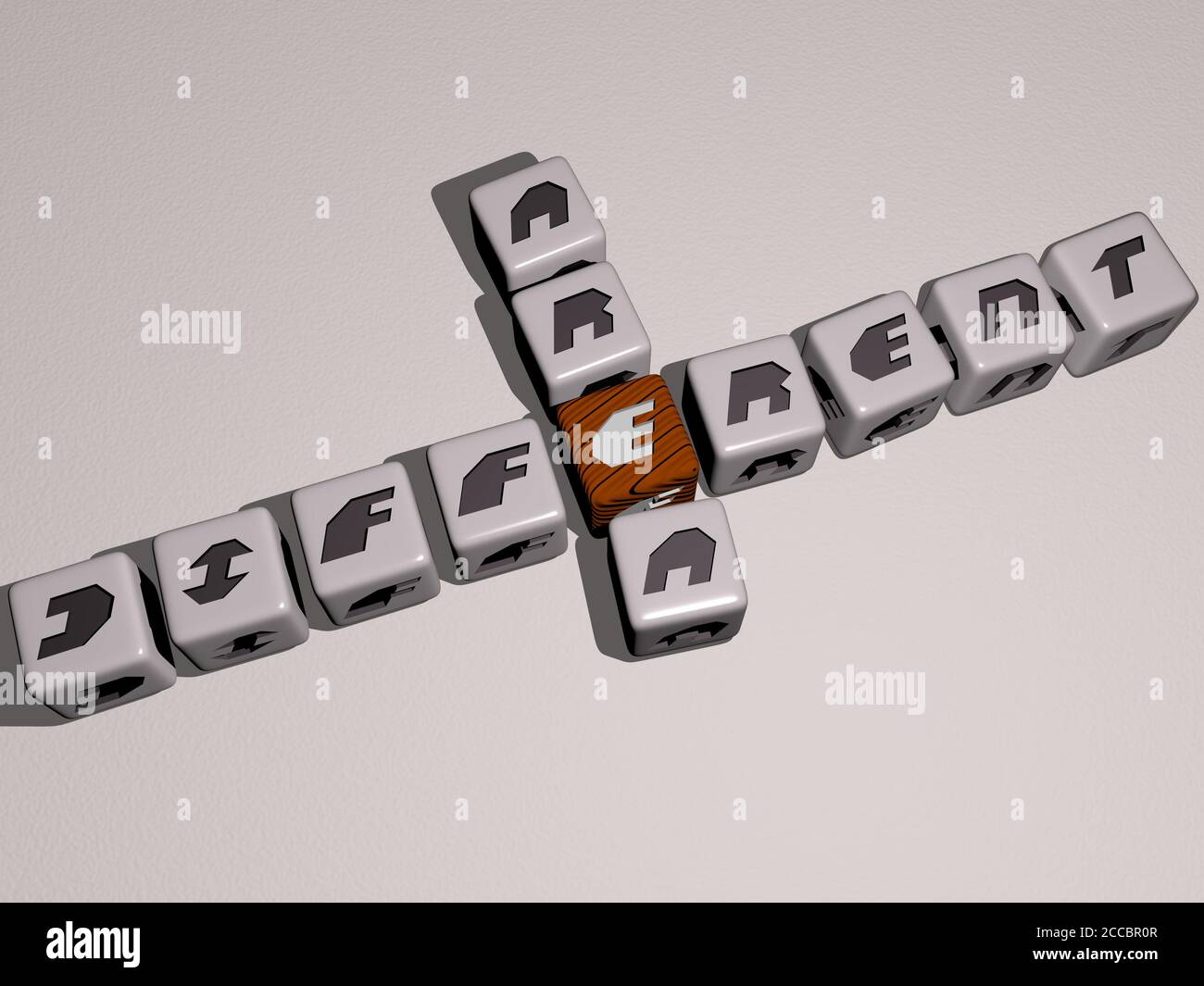 DIFFERENT AREA crossword by cubic dice letters, 3D illustration Stock