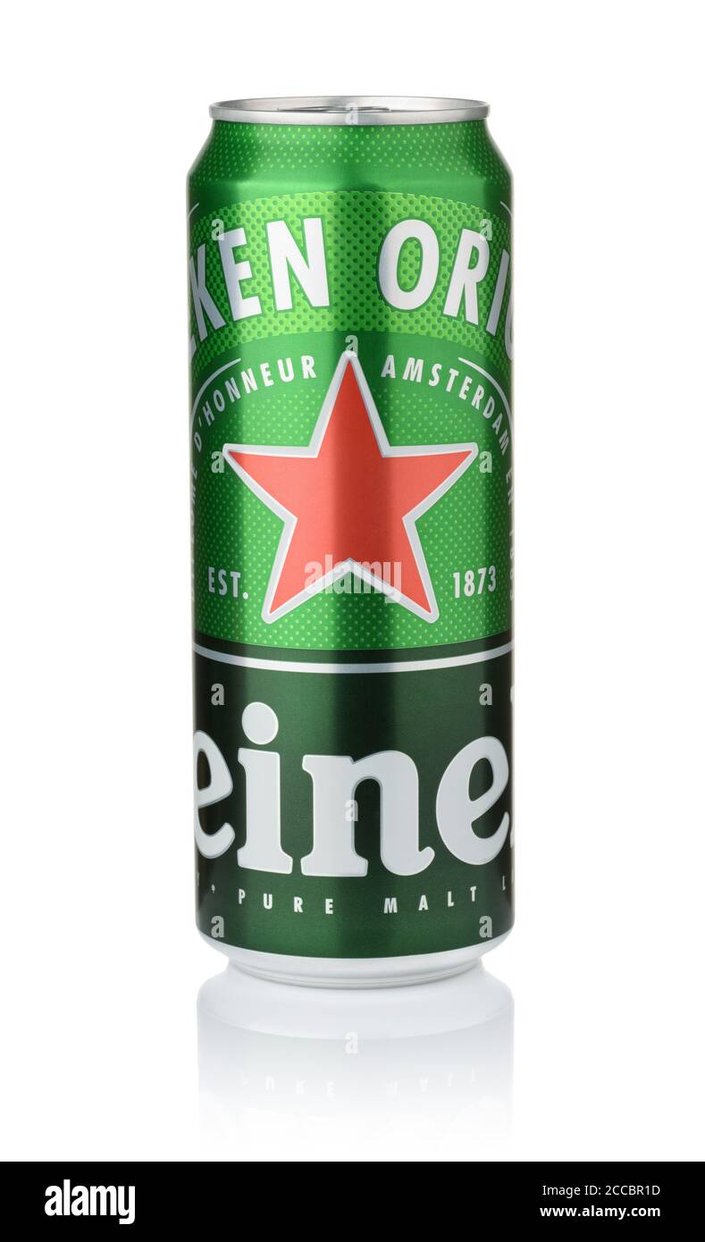 Samara, Russia - November 2019. Product shot of Heineken lager beer can isolated on white Stock Photo