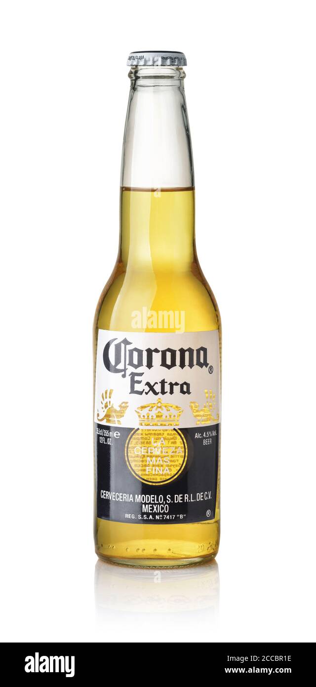 Samara, Russia - August 2020. Product shot of Corona Extra beer bottle isolated on white Stock Photo