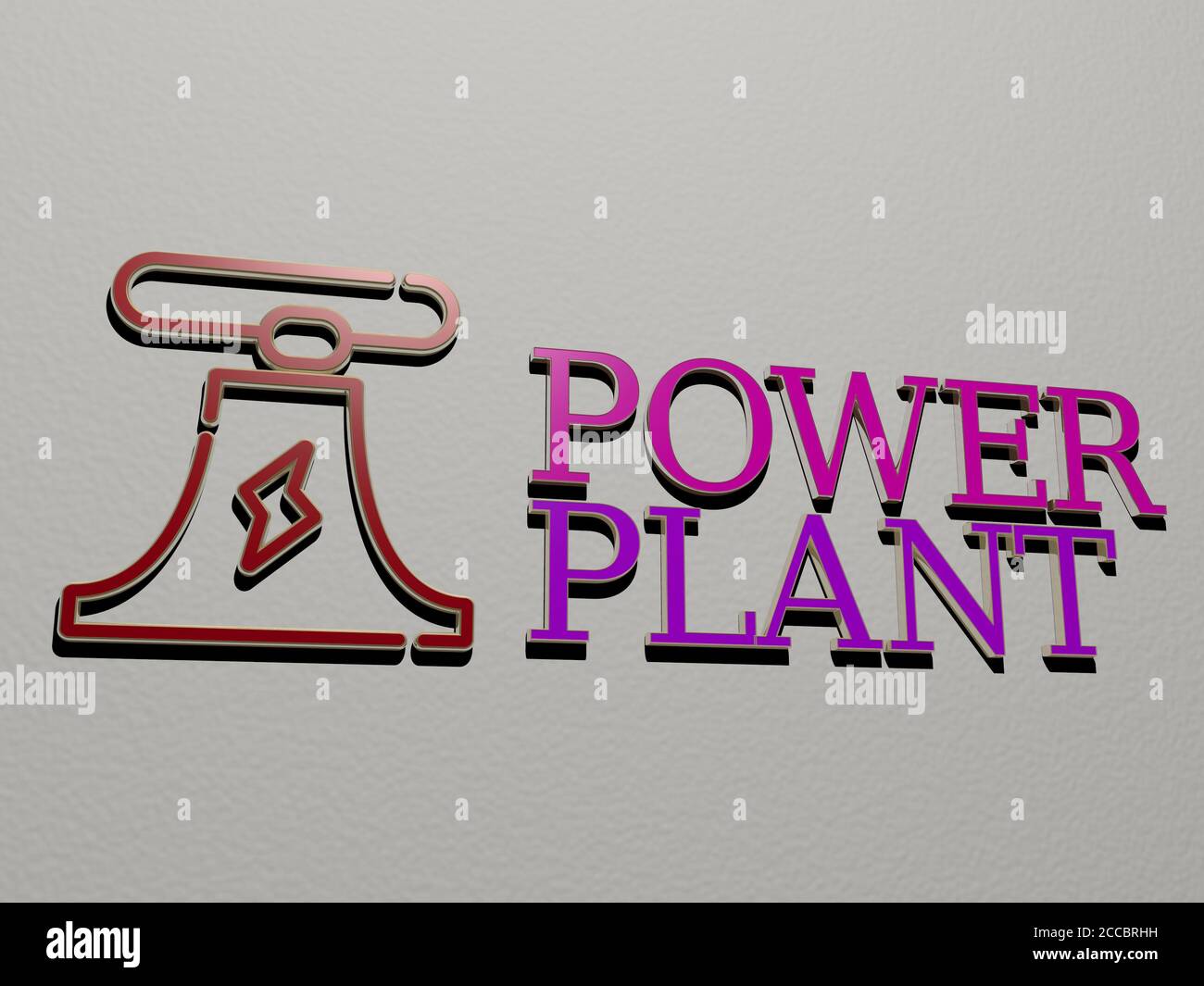 3D graphical image of power plant vertically along with text built by metallic cubic letters from the top perspective, excellent for the concept presentation and slideshows, 3D illustration Stock Photo