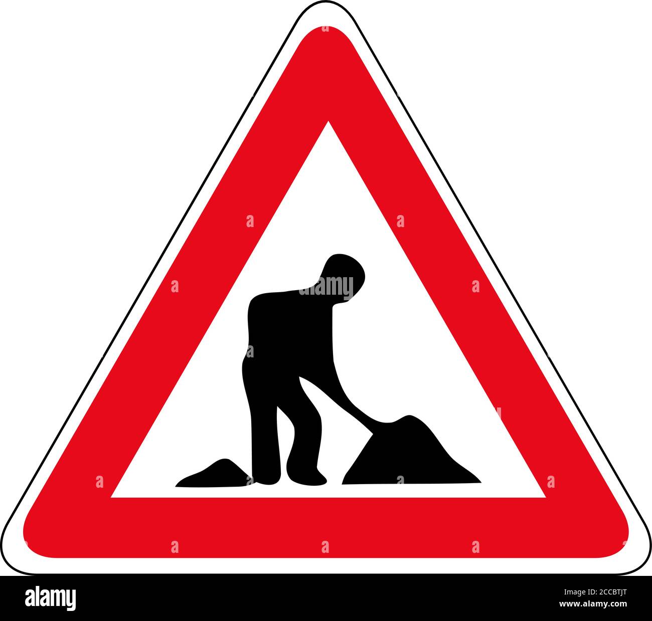 Road works sign, under construction. Red glossy road sign with working man isolated on white background. Stock Vector