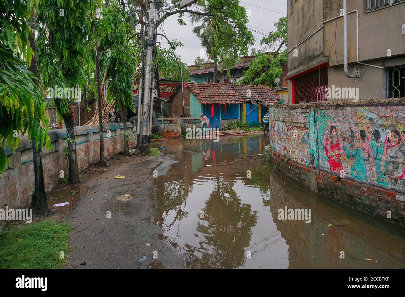 Howrah, West Bengal, India - 21st May 2020 : Rain water logged road, due to Super cyclone Amphan.The devastation has made many damages to West Bengal. Stock Photo