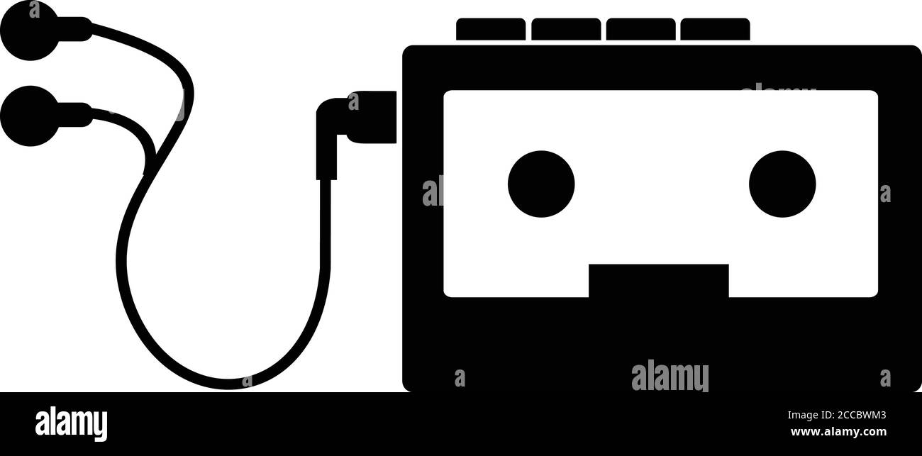 Stencil illustration of vintage portable cassette player on isolated background done in black and white retro style. Stock Vector
