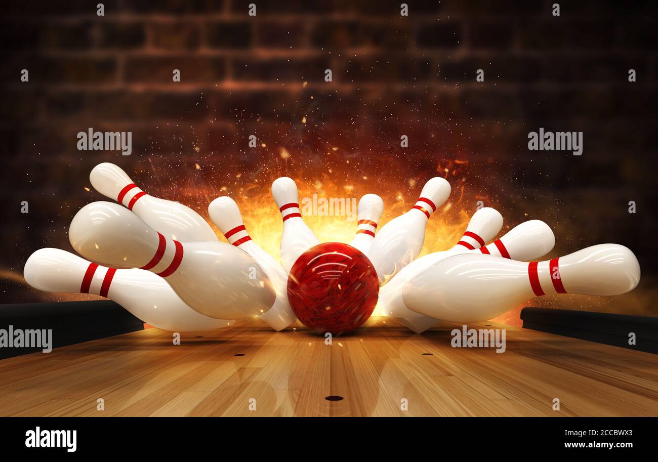 Bowling strike hit with fire explosion. Concept of success and win Stock Photo Alamy