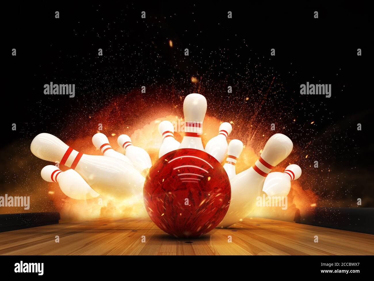 Bowling strike hit with fire explosion. Concept of success and win. Stock Photo