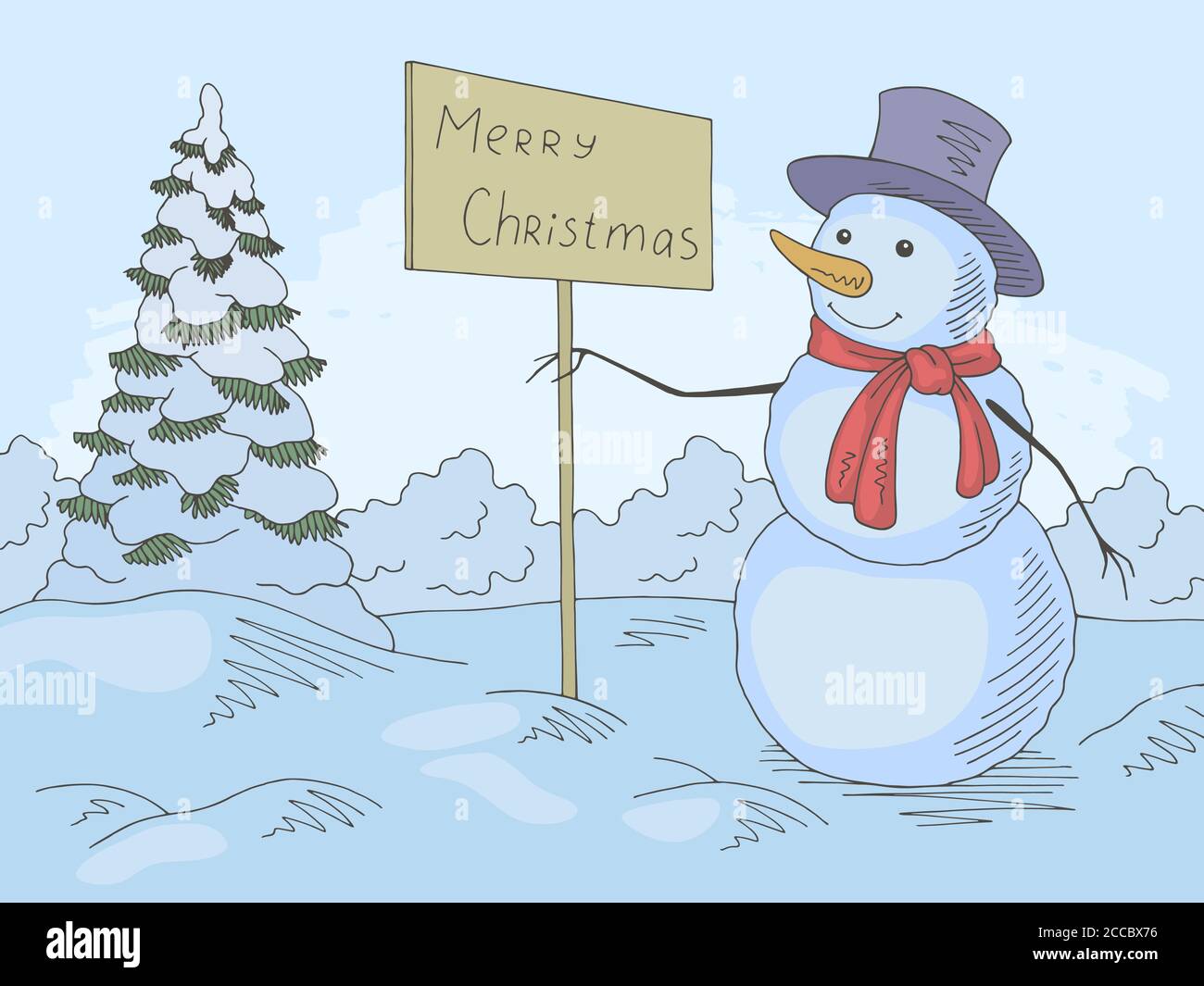 Snowman holding a greeting sign in winter park graphic color landscape ...