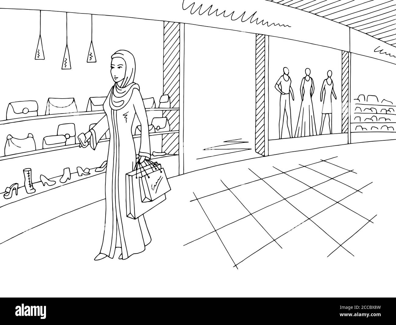 Woman in arab clothing walking in shopping mall graphic black white interior sketch illustration vector Stock Vector
