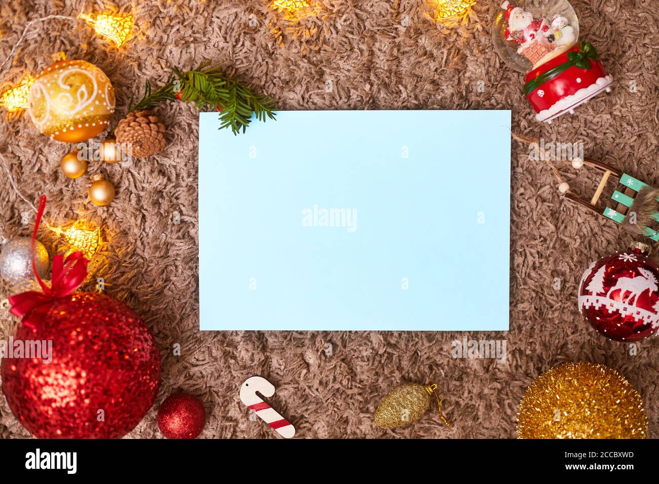 christmas frame and toys with blue leaf, flatley, copyspace Stock Photo