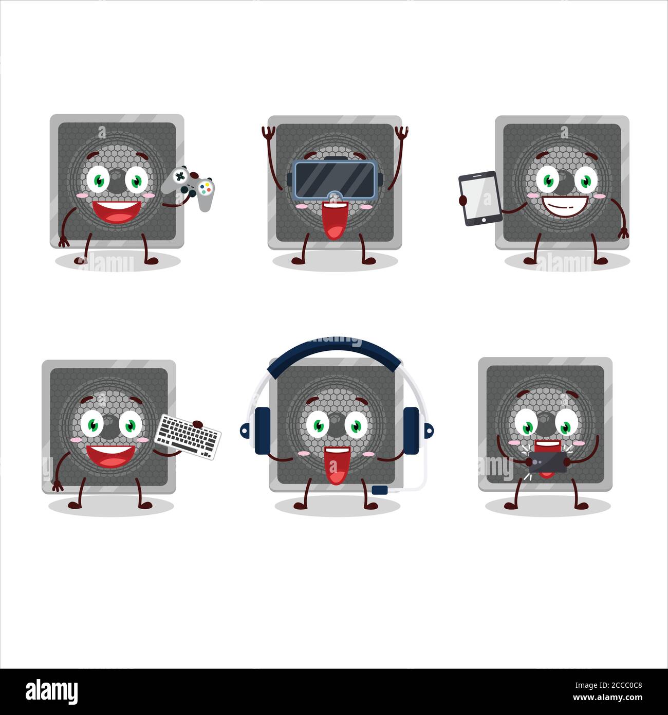 Music speaker cartoon character are playing games with various cute