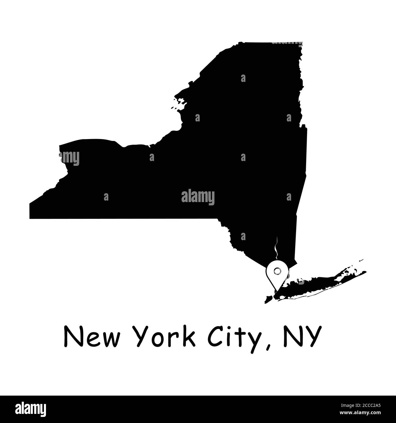 New York City on New York State Map. Detailed NY State Map with Location Pin on NYC City. Black silhouette vector maps isolated on white background. Stock Vector