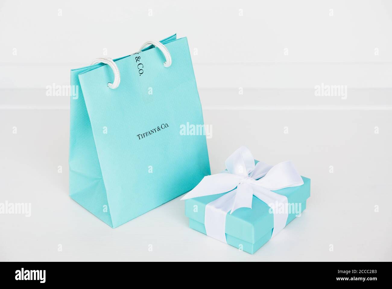 Tiffany and Co. iconic blue gift boxes on white background Stock Photo -  Alamy