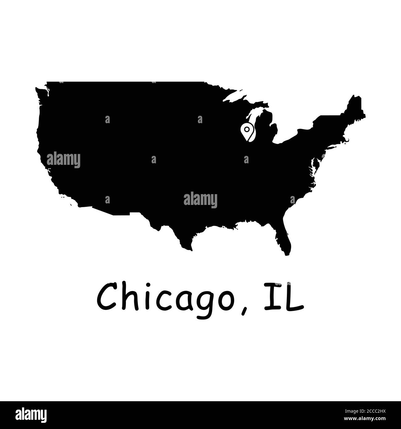 Chicago IL on USA Map. Detailed America Country Map with Location Pin on Chicago Illinois. Black silhouette vector maps isolated on white background. Stock Vector