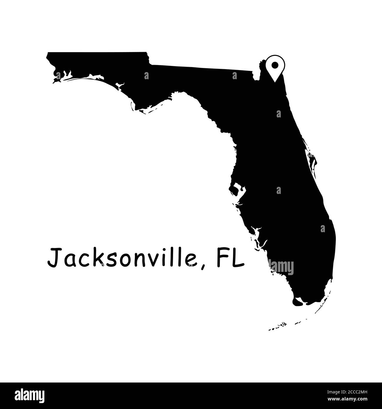 Jacksonville on Florida State Map. Detailed FL State Map with Location Pin on Jacksonville City. Black silhouette vector map isolated on white backgro Stock Vector