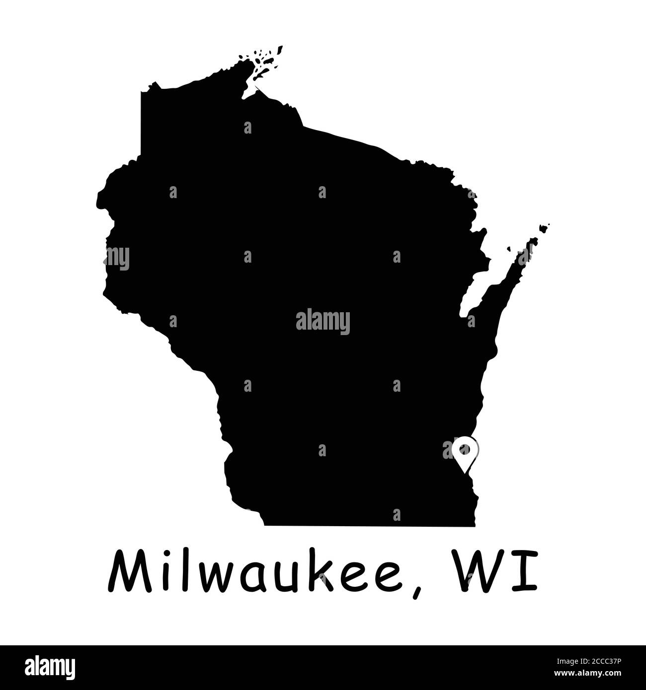 Milwaukee on Wisconsin State Map. Detailed WI State Map with Location Pin on Milwaukee City. Black silhouette vector map isolated on white background. Stock Vector