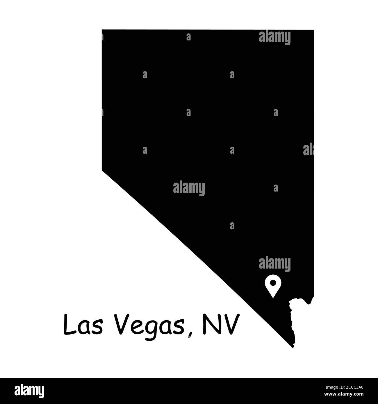 Las Vegas on Nevada State Map. Detailed NV State Map with Location Pin on Las Vegas City. Black silhouette vector map isolated on white background. Stock Vector