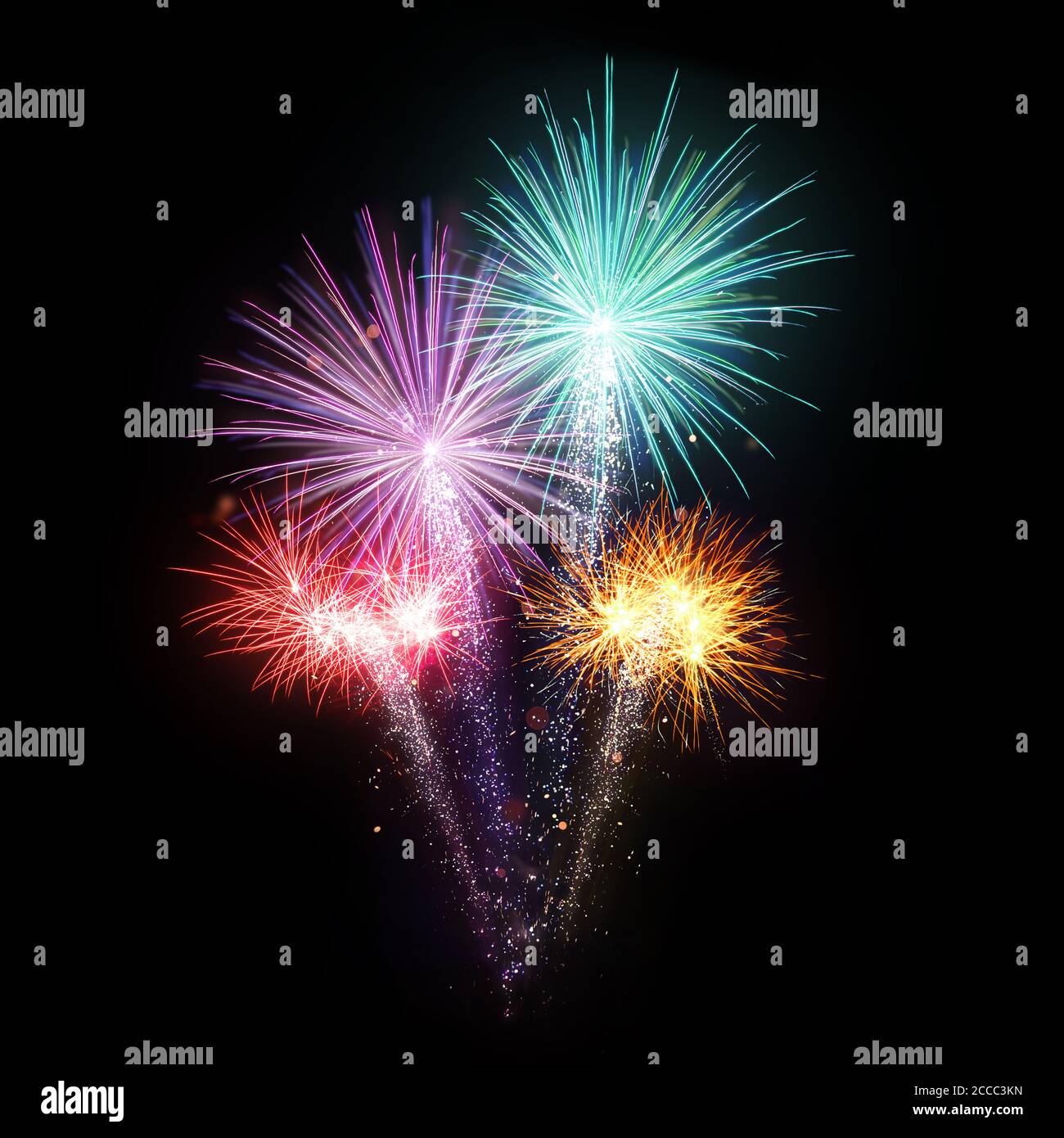 Fireworks explosions isolated on black background. Free space for text