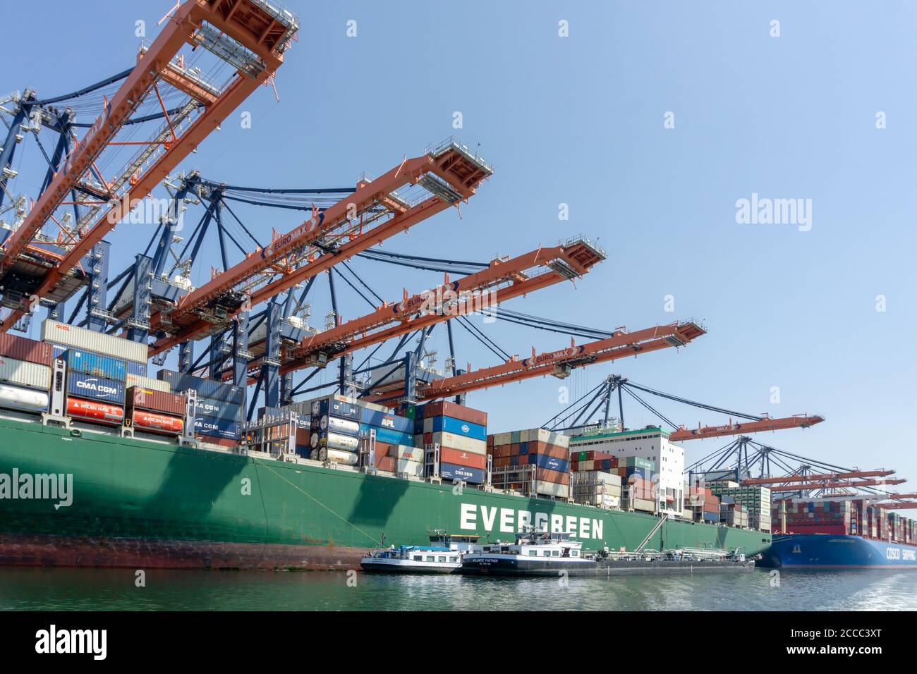 Container Vessel From Evergreen Being Unloaded At The Euromax Terminal In The Prinses Amaliahaven Maasvlakte 2 Stock Photo Alamy