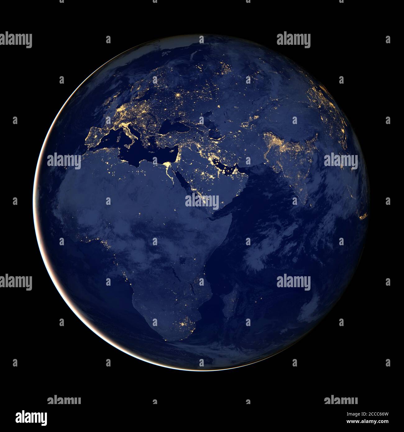 This composite image - made from NASA satellite data - shows the Eastern Hemisphere of the Earth at night - Photo: Geopix/NASA/Alamy Stock Photo Stock Photo