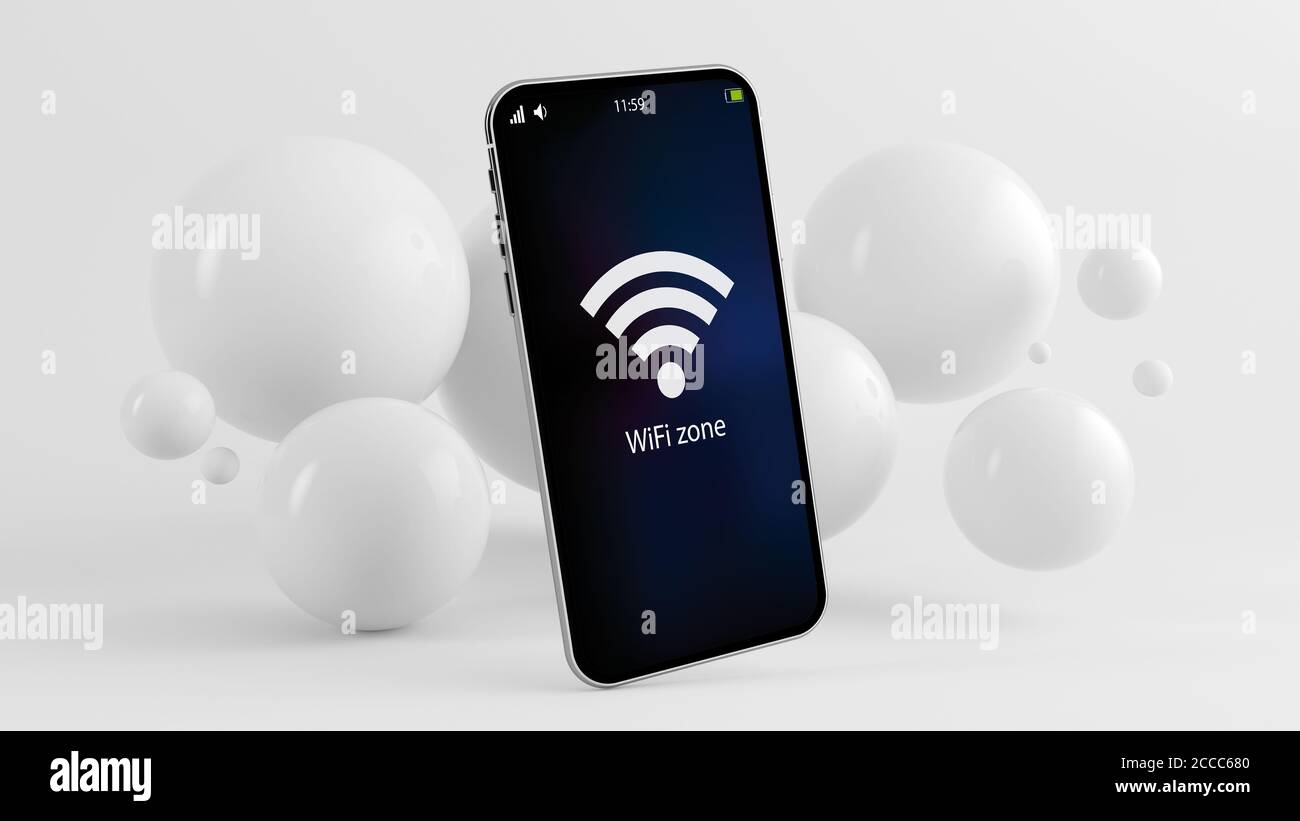 Phone on minimal background with wifi zone on screen 3d rendering Stock Photo
