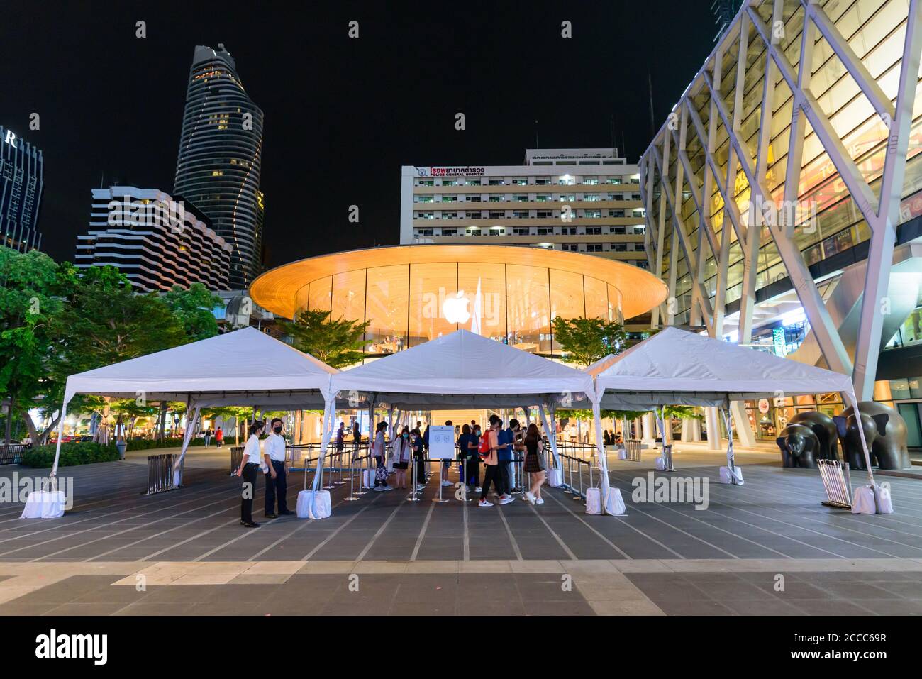 Bangkok , Thailand -  18  August, 2020 : covid-19 Screening point front side of apple store shop at central world shopping center Thailand Stock Photo